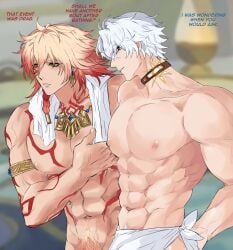 2boys armlet bara body_markings choker gay gold_jewelry honkai:_star_rail honkai_(series) male/male male_only mydei_(honkai:_star_rail) phainon_(honkai:_star_rail) pubes pubic_hair tattoo towel towel_around_neck veins yaoi yougei