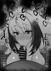 1boy 1girls :>= bare_shoulders big_penis black_and_white blush censored dark-skinned_male dark_skin detailed_background drooling eyelashes fellatio female fox_ears fox_girl fox_humanoid heart heart-shaped_pupils human indoor inside interracial kitsune kitsunemimi kurotama long_hair looking_at_viewer male male_pov monochrome multicolored_hair oral oral_sex penis pov room saliva shiny shiny_skin sketch sound_effects squatting sweat text tied_hair vein veins veiny veiny_penis ye_shunguang zenless_zone_zero