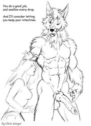 anthro canine chris_sawyer english_text female forced_oral fur furry hair_grab human humanoid knot male oral penis rape size_difference straight text werewolf wolf