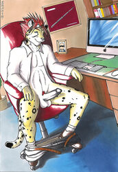 1boy black_penis bottomless business cheetah feline fur furry furry_only goggles inviting mac male male_only meesh office open_clothes open_shirt penis piercing pubic_tuft red_hair shirt solo spiky_hair syphon traditional_media_(artwork)