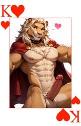 abs absurd_res ai_assisted ai_generated animal_ears anthro balls big_penis blonde_hair blonde_mane blue_eyes card collar erection feline furry heart heart_symbol lion medium_hair muscular muscular_male nipples nude_male penis playing_card poker_cards red_cape simple_background smile smiling_at_viewer solo solo_male yeenashaven