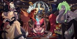 abdominal_bulge absurd_res aquatic avian capcom casino classy clothing dauna_(reptilligator) dragon dress eldritch_abomination exhibitionism female fish flying_wyvern genitals glowing glowing_genitalia glowing_penis glowing_tongue goblin gryphon harem hi_res hybrid implied_breast_suck kobold kyabetsu male male/female mamagen monster_hunter mythological_avian mythological_creature mythological_scalie mythology nargacuga nipple_slip penetration penis scalie sex shark shashai_(durgonbutt) tongue vayhl'ayne_(vahlyance) wheelie_(character)