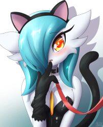 1girls black_leotard blue_hair blush breasts cat_ears cat_tail collar cosplay_gardevoir fake_animal_ears fake_tail female gardevoir gloves hair_over_one_eye hand_to_own_mouth large_breasts leash leotard looking_at_viewer nintendo orange_eyes pokémon_(species) pokemon pokemon_(species) rilex_lenov shiny_pokemon short_hair solo