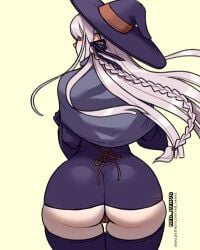 1girls ass back_view big_ass cameltoe danganronpa danganronpa:_trigger_happy_havoc danganronpa_1 female female_only halloween halloween_costume hat kirigiri_kyouko light_skin looking_at_viewer panties redvenus solo standing thick_thighs witch witch_costume witch_hat