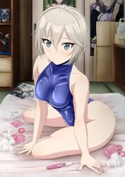 1girls anastasia_(idolmaster) blue_eyes bodysuit condom condom_wrapper figure figurine idolmaster idolmaster_cinderella_girls poster pregnancy_test silver_hair swimsuit white_hair