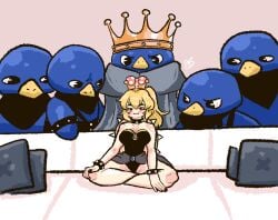 1girls 5boys :3 big_breasts blonde_hair bowsette choker crown female female_focus imminent_rape king_penguin_(mario_movie) mario_(series) meme mob_face new_super_mario_bros._u_deluxe nintendo penguin_(mario) piper_perri_surrounded royalty salaciouspeachy super_mario_bros. super_mario_bros._(2023_film) uwu