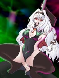 guardian_tales half_vampire_priscilla_(guardian_tales) mintsteam priscilla_(guardian_tales) red_eyes stripper stripper_pole thigh_boots white_hair white_skin