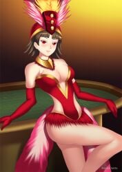 1girls breasts brown_hair casino collar feather_boa gloves haryu_(artist) haryudanto hat hypnosis large_breasts leaning_on_table leotard makoto_niijima mind_control one_leg_up persona persona_5 poker_table red_eyes red_gloves red_leotard short_hair showgirl skirt table