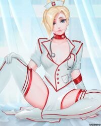 1girls blonde_hair blue_eyes breasts choker gloves hair_over_one_eye looking_at_viewer mcdobo medium_breasts mercy nurse nurse_cap nurse_uniform overwatch pelvic_curtain red_choker short_hair sitting stethoscope thighhighs