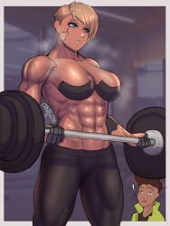 1boy 1girls abs bicep_curl big_breasts blonde_hair cd_projekt_red cyberpunk:_edgerunners cyberpunk_2077 david_martinez_(edgerunners) dorio_(edgerunners) exercise exercise_equipment female female_focus fluffydus lifting_weights light-skinned_female light_skin muscular muscular_female netflix neuron_activation_(meme) short_hair studio_trigger sweat sweating toned very_short_hair weightlifting weights workout