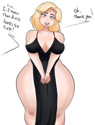 black_dress blonde_female blonde_hair brollyinthewind chubby chubby_female dress german innocent lilacumbrella_(artist) nihachu pale-skinned_female pale_skin short_hair skimpy skimpy_clothes skimpy_dress skimpy_outfit text thick_ass thick_thighs tilted_head wide_hips youtuber