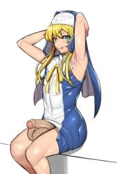 1boy armpits balls big_balls big_penis blonde_hair blue_eyes blush bridget canon_crossdressing eye_contact femboy feminine_male flaccid guilty_gear guilty_gear_xx hung_trap long_hair looking_at_viewer male male_nun male_only muscular nun nun's_habit nun_outfit penis sexy_armpits shiny_skin sitting solo testicles tight_clothing timaturixp uncut