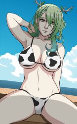 beach bikini blackcapbandit ceres_fauna cleavage cow_bikini green_hair hololive hololive_english hololive_english_-council- hololive_english_-promise- virtual_youtuber vtuber