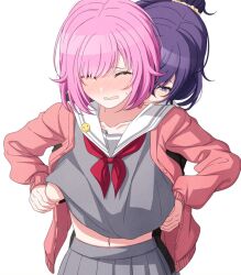 2girls arimon_(dfrgty12) asahina_mafuyu blue_eyes blushing female female_only groping miyamasuzaka_girls'_academy_school_uniform ootori_emu pink_hair project_sekai purple_hair school_uniform sweatdrop undressing yuri