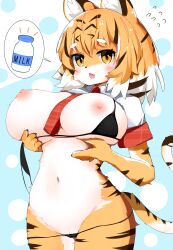 absurd_res anthro areola bengal_tiger_(kemono_friends) big_breasts bikini blush breasts clothed clothing felid female fur genitals hair hi_res kemono_friends looking_at_viewer mammal mihihusuzu nipples pantherine pussy solo swimwear tiger