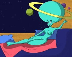 alien ba_after_dark bare_legs bare_shoulders barefoot big_head blue_skin buzz_lightyear_of_star_command full_body gravitina looking_at_viewer lounging naked pinup topless