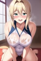 1girls 2d ai_generated arise_kaguya big_breasts blonde_hair blue_eyes blush breasts color eyebrows_visible_through_hair female female_only light-skinned_female light_skin nai_diffusion navel one-piece_swimsuit open_mouth sitting solo stable_diffusion sweat swimsuit violet_evergarden violet_evergarden_(character) wet wet_clothes wet_swimsuit