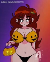 1girls andynsfw_7770 background basket big_breasts blush bra curvy female female_only friday_night_funkin girlfriend_(friday_night_funkin) hair_ornament halloween long_hair panties signature thick_thighs