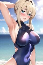 ai_generated arise_kaguya beach blonde_hair blue_eyes blush large_breasts nai_diffusion one-piece_swimsuit stable_diffusion sweat tagme violet_evergarden violet_evergarden_(character)