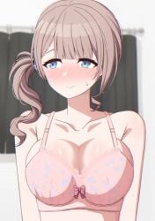 big_breasts blue_eyes blush bra mochizuki_honami ponytail project_sekai side_ponytail