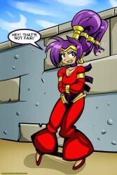 1girls blue_eyes breasts choker clouds cuffs earrings female female_only hair_bondage half_genie medium_breasts midriff outside pants plasma-dragon ponytail purple_choker purple_hair red_pants red_straitjacket shantae shantae_(character) sky smooth_skin solo spreader_bar stone_wall straitjacket tiara