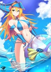 1girls bikini blonde_hair blue_bikini blue_swimsuit breasts choker clouds dark_magician_girl female gauntlets green_eyes hat inflatable inflatable_toy kaos_art large_breasts long_hair looking_at_viewer magic_user magical_girl magician magician_hat midriff navel ocean outside riding sky straddling swimsuit vambraces water yu-gi-oh!