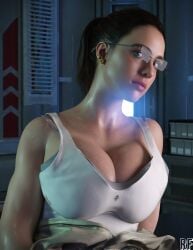 1girls 3d big_breasts blue_eyes cleavage death_stranding eyewear female female_only glare_(lighting) glasses light-skinned_female light_skin looking_at_viewer mama_(death_stranding) rude_frog sweat