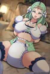 1girls abdl bare_midriff bare_thighs bondage breasts covered_nipples crying crying_with_eyes_open diaper female female_only femsub fire_emblem fire_emblem:_three_houses green_eyes green_hair infantilism large_breasts lilith-fetish long_hair midriff nintendo open_mouth pacifier rhea_(fire_emblem) solo tearing_up thick_thighs thighhighs thighs tongue tongue_out