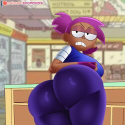 1girls ass ass_focus bent_over big_ass breasts bubble_butt clothing dark-skinned_female dark_skin dat_ass doompypomp enid fat_ass female female_only fingerless_gloves gloves huge_ass indoors large_ass looking_at_viewer looking_back ok_k.o.!_let's_be_heroes purple_hair shorts solo thick_thighs wide_hips