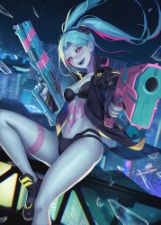 1girls black_bra black_panties bra casual cd_projekt_red city clothing cybernetics cyberpunk:_edgerunners cyberpunk_2077 female female_focus female_only firearm footwear green_hair gun handgun happy human jacket long_hair looking_at_viewer netflix nibelart open_clothes open_jacket outerwear pale_skin panties ranged_weapon realistic rebecca_(edgerunners) shotgun small_breasts smile smiling solo solo_female solo_focus studio_trigger tattoo tattoos tied_hair twintails underwear weapon