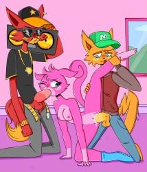 1girls 2boys annoyed anthro artist_request blingo blowjob double_penetration female furry furry_only gingersnap moshi_monsters oral poppet_(moshi_monsters) sex tagme threesome vagina