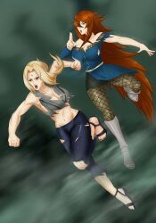 amenoosa attack battle blonde_hair brown_hair busty chest cleavage crop_top exposed_breasts female female_only fighting fighting_pose fighting_stance fishnets hokage kunoichi mature mature_female mei_terumi midriff mizukage multiple_girls naruto naruto_(series) naruto_shippuden ninja no_bra ripped_clothing tied_hair torn_clothes tsunade twintails very_long_hair