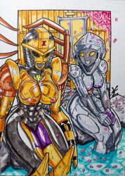 2girls abs alien alien_girl areolae beast_wars big_breasts blackarachnia breasts drawing female female_focus female_only gynoid medium_breasts multiple_girls muscular muscular_female nightbird nightbird_(transformers) nipples nude nude_female onsen robot robot_girl smile sweat thick_thighs thighs traditional_media_(artwork) transformers transformers_g1 ventis2099_(artist) water wet