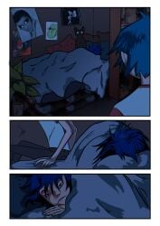 1boy 1boy1girl 1girls 2d_(gorillaz) absurd_res asleep bedroom black_hair blanket blue_hair cat color_edit comic comic_page eyes_half_open female gorillaz hi_res in_bed male messy_hair noodle_(gorillaz) older_male possessed possession rhythmwhirlpool sitting sitting_on_bed sleeping sneaking tagme under_covers waking_up