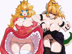 2girls big_breasts black_fingernails black_stockings blonde_hair blue_eyes bowsette choker clothes_lift crown dress earrings female female_only hi_res horns licking_lips light_blush long_hair looking_at_viewer mario_(series) multiple_girls nala1588 narrowed_eyes new_super_mario_bros._u_deluxe nintendo panties pink_lipstick ponytail princess_peach pussy red_eyes smiling smiling_at_viewer spiked_armlet spiked_bracelet spiked_collar stockings super_crown super_mario_bros. tail thick_thighs white_background white_stockings