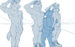 16:10 abs animal_genitalia animal_penis anthro armpit_hair army_uniform ball_fondling ball_grab balls biped blue_and_white bodily_fluids body_hair boots bottomwear bovid canid canine caprine chest_tuft clothed clothed/nude clothed_male_nude_male clothing collarbone combat_boots dominant dominant_anthro dominant_male drill_sergeant embarrassed embarrassed_nude_male equid equine equine_penis erection eye_contact eyebrows facial_hair fondling footwear forced forced_exposure foreskin fully_sheathed genital_exam genitals goat goatee grin grope group half-erect hat headgear headwear horn horse humanoid_genitalia humanoid_penis humiliation legs_together looking_at_another looking_at_genitalia male male/male mammal mane military military_cap military_jacket military_uniform monochrome mostly_nude mostly_nude_anthro muscular muscular_anthro muscular_male navel nervous neutral_expression nipples nude obedient pants pecs penis physical_exam presenting presenting_balls presenting_penis pubes public raised_arm rear_view riding_crop sheath short_tail size_difference smile standing standing_in_line submissive submissive_anthro submissive_male sweat sweatdrop tagme tuft unflared uniform unknown_artist ursid whip widescreen