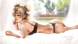 1girls ass bed blonde_hair bra curtains eyelashes eyeshadow female female_only headband kunoichi lingerie lipstick looking_at_viewer looking_to_the_side lying lying_on_bed lying_on_stomach madtraffi29 makeup naruto naruto_(series) naruto_shippuden ninja on_bed on_stomach panties quad_tails side_view sideboob smile solo solo_focus sunagakure_symbol teal_eyes temari tied_hair underwear window