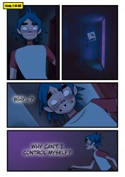 1boy 2d_(gorillaz) absurd_res blue_hair blush blushing color_edit comic comic_page dialogue gorillaz hallway hi_res male mind_control night possessed possession rhythmwhirlpool short_hair sneaking tagme waking_up walking white_eyes white_sclera