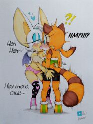 !? <3_eyes 2girls abesdrawings aged_down anthro anthro_on_anthro anthro_only bat bat_girl blush cub cub_on_cub dialogue english_text eyelashes eyeshadow female female/female female_cub female_only furry furry_female furry_only heart heart-shaped_pupils heavy_breathing kissing long_socks marine_the_raccoon painted_fingernails raccoon raccoon_girl rouge_the_bat sega shirt shoes shorts sonic_(series) sonic_the_hedgehog_(series) text thighhighs traditional_media_(artwork) wings young yuri