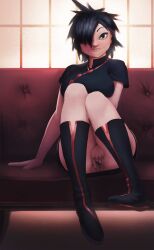 1girls black_footwear black_hair boots female_masturbation female_only gorillaz hair_over_one_eye maarthul masturbation noodle_(gorillaz) pussy short_sleeves sitting smile solo solo_female