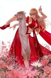 1girls abdomen blonde_female blonde_hair blue_eyes boob_window cameltoe cleavage cleavage_cutout erect_nipples erect_nipples_under_clothes female female_only final_fantasy final_fantasy_xiv flowers large_breasts light-skinned_female light_skin long_hair lyse_hext nipple_bulge pink_lips solo solo_female solo_focus square_enix tezy8art thick_thighs wide_hips