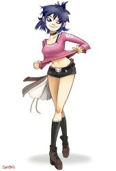 1girls artist_name asian asian_female belly_button belt black_eyes blue_hair bottomwear bra bra_strap breasts choker clothed clothed_female clothes clothing female footwear front_view fully_clothed gorillaz hair hi_res kneesocks legs_together light-skinned_female light_skin long_sleeves looking_away medium_breasts medium_hair messy_hair midriff nail_polish navel noodle_(gorillaz) noodle_(jaguar) pose posing shirt shirt_lift shirt_pull shoes short_shorts shorts simple_background sinobali smile smiling socks solo source_request standing stomach thighs topwear underwear white_background yellow_nails