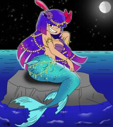 1girls black_eyes blue_tail fanart female female_only ferozyraptor fish_tail glitch_techs hair_ornament jewelry jpeg large_breasts long_hair looking_at_viewer mermaid miko_kubota moon multicolored_hair outdoors patreon_username purple_hair rock scales sea_shell shell shell_bikini smile smiling smooth_skin solo water