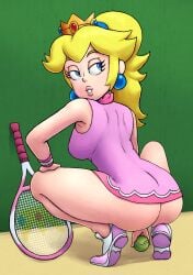 1girls ass big_ass big_breasts big_lips blonde_hair blue_eyes breasts clothing crown dat_ass earrings female female_only hair headwear huge_ass jigglytoons legs_apart lips lipstick mario_(series) mario_tennis nintendo pink_lips pink_lipstick ponytail princess_peach pursed_lips shoes solo tennis_ball tennis_racket tennis_uniform thick_lips thighs