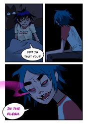 1boy 1boy1girl 1girls 2d_(gorillaz) absurd_res asian asian_female bedroom black_hair blanket blue_hair cat color_edit comic comic_page dark_eyes dialogue female gorillaz groggy half-closed_eyes hi_res male messy_hair mind_control noodle_(gorillaz) older_male possessed possession rhythmwhirlpool short_hair sitting sitting_on_bed small_breasts sneaking sneaky stubble swirly_eyes tagme text waking_up