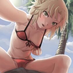 1girls annoyed annoyed_expression areolae bikini bikini_pull blonde_hair blush breasts bulge_through_clothing cameltoe clothing_pull evillia fate_(series) female flashing frown green_eyes legs light-skinned_female light_skin looking_at_viewer mordred_(fate) mordred_(swimsuit_rider) nipples one_breast_out open_mouth outdoors outside pelvic_line presenting presenting_breasts public revealing_breasts ribs sitting skinny skinny_girl slender_legs small_breasts solo spread_legs sunny swimsuit swimsuit_pull thighs viewed_from_below