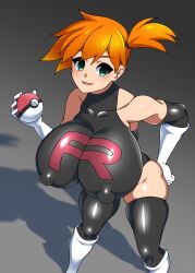 adapted_costume asymmetrical_hair belt blush boots breast_slip breasts clothing corruption cosplay cowboy_shot crop_top enemy_conversion female female_only footwear game_freak gloves green_eyes gym_leader high_resolution hips holding holding_object holding_poke_ball huge_breasts kasumi_(pokemon) large_breasts legs looking_at_viewer navel nintendo nipples noeruin orange_hair poke_ball pokemon pokemon_(anime) pokemon_(classic_anime) pokemon_(game) pokemon_rgby ponytail red_hair short_hair side_ponytail simple_background smile solo team_rocket team_rocket_(cosplay) team_rocket_uniform thick_thighs thighhighs thighs tied_hair tight_clothes wardrobe_malfunction wide_hips