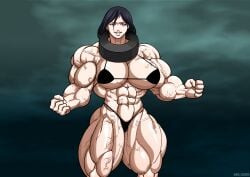 abs big_breasts bikini black_hair brown_eyes cleavage elee0228 female muscular_female no_guns_life shimazu_(no_guns_life) solo_female thick_thighs veiny_muscles