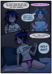 1boy 1boy1girl 1girls 2d_(gorillaz) asian asian_female athletic_female black_hair blushing comic comic_page dialogue female gorillaz in_bed lifting_shirt male messy_hair mind_control no_pants noodle_(gorillaz) older_male panties possessed possession questioning reassuring rhythmwhirlpool shirt shirt_lift small_breasts smiling smiling_at_another tagme text thick_thighs unsure