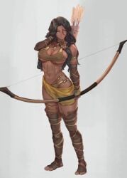 1girls abs archer big_breasts bow cleavage dark-skinned_female dungeons_and_dragons fantasy female female_only navel original_character tezy8art underboob weapon